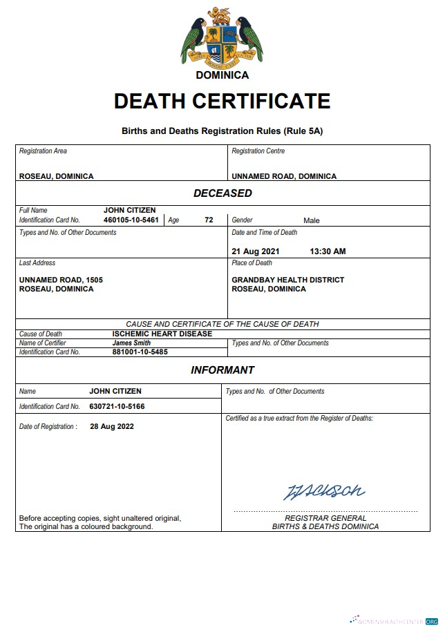 Download Dominica vital record death certificate Word and PDF template Photoshop template